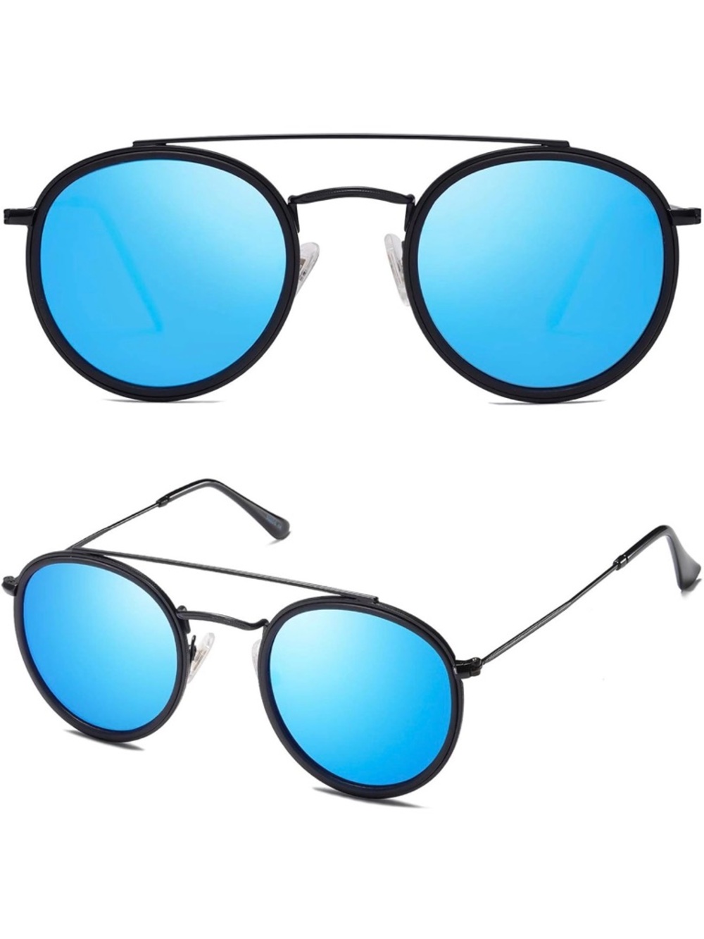 Round Metal Sunglasses with Blue Mirrored Lenses